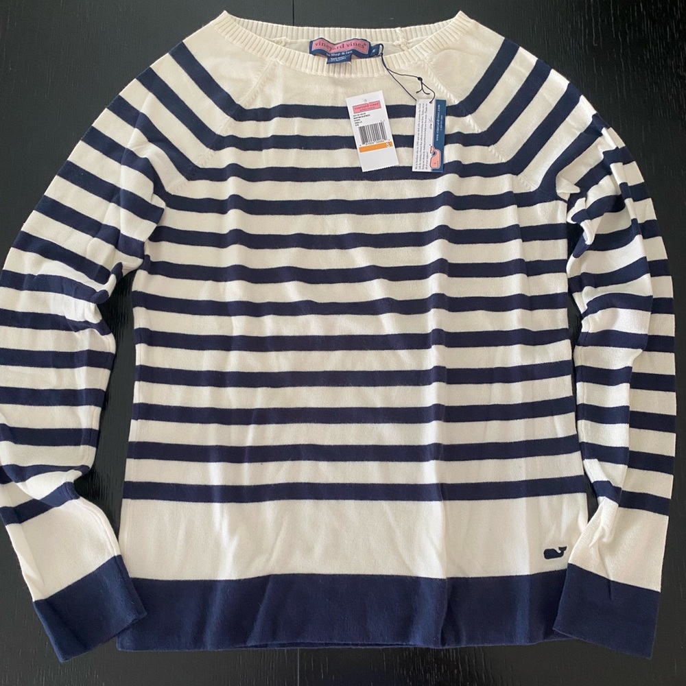 Vineyard Vines Maritime Boatneck Navy and White Striped Sweater
